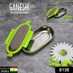 8138 Ganesh Solo Oval 650 Stainless Steel Leak proof airtight Lunch Pack for Office & School Use 