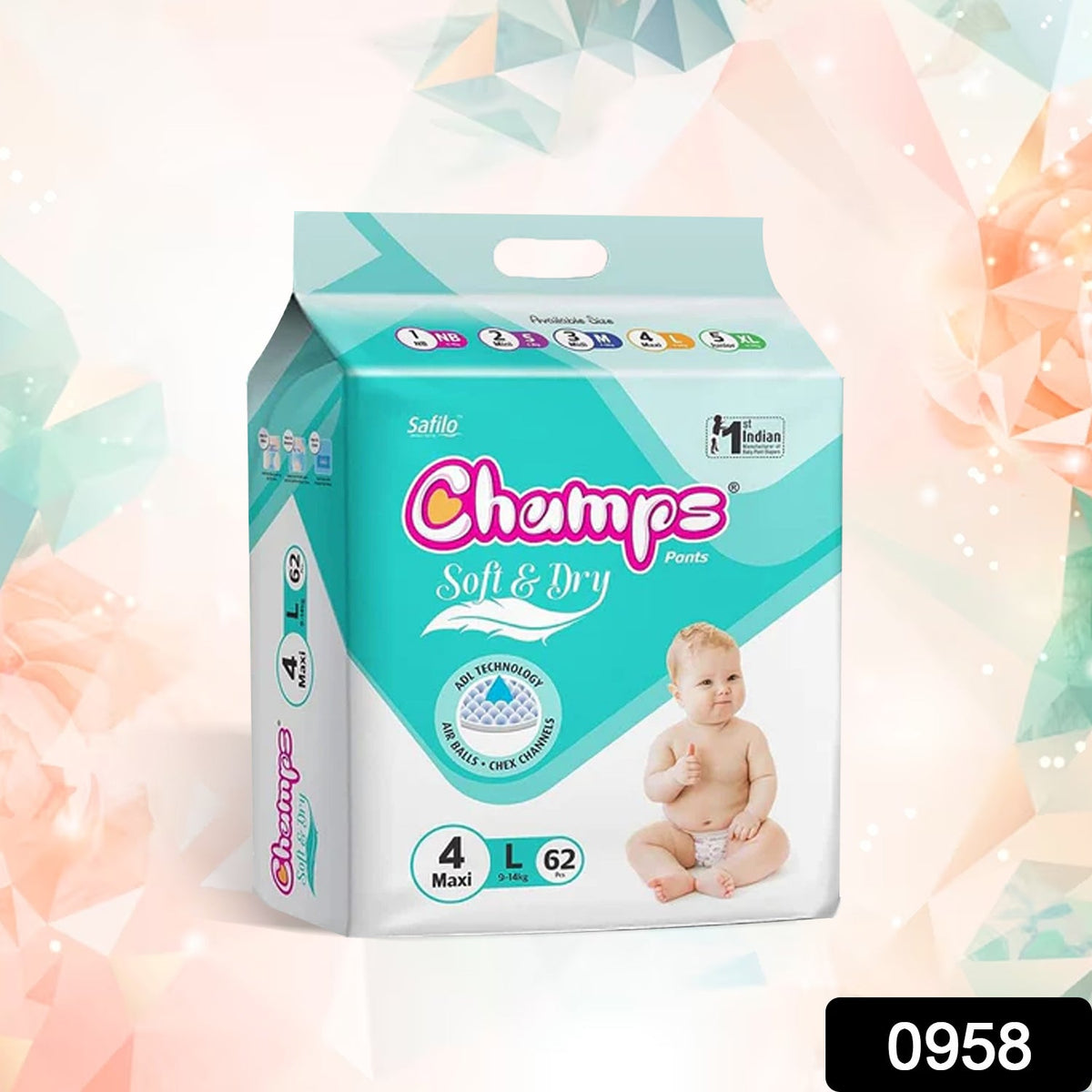 0958 Champs Soft and Dry Baby Diaper Pants 62 Pcs (Large Size  L62)