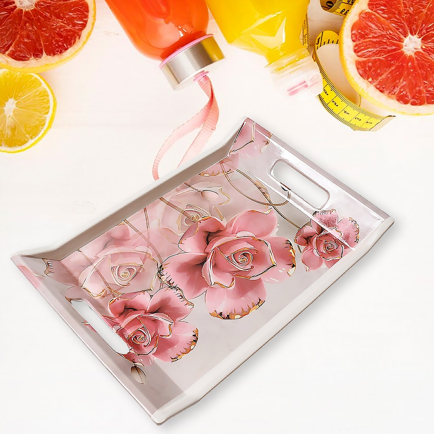 2292 Plastic Rectangular Shape Flower Printed Design Serving Tray 3 pcs Home and Kitchen Use (3 pcs set)