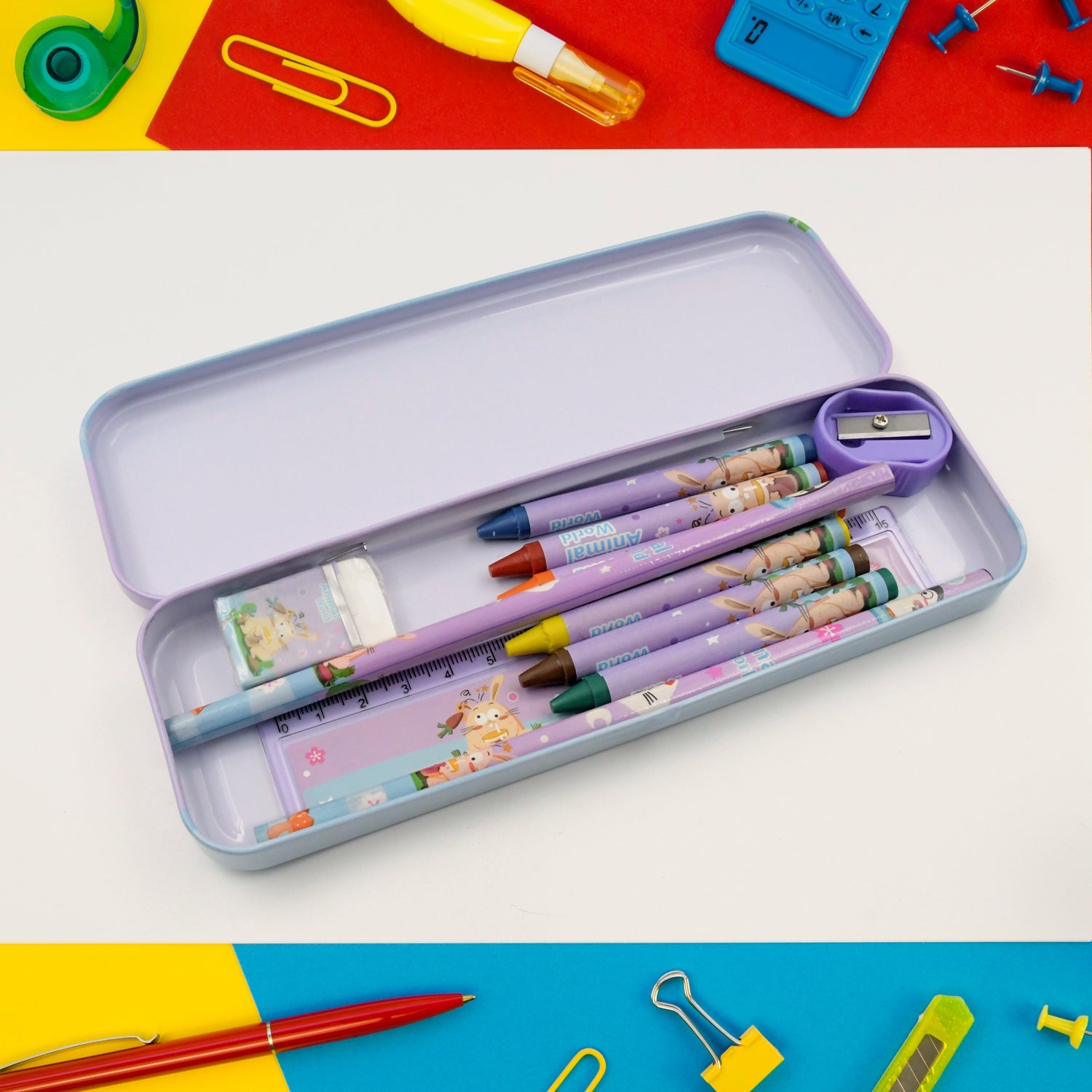 4297 School Supplies Stationery Kit with 1 Pencil Box Case 2 Pencils 6 Crayon Colors 1 Ruler Scale 1 Eraser 1 Sharpener Stationary Kit for Girls Pencil Pen Book Eraser Sharpener Crayons - Stationary Kit Set for Kids Birthday Gift (12 Pc Set)