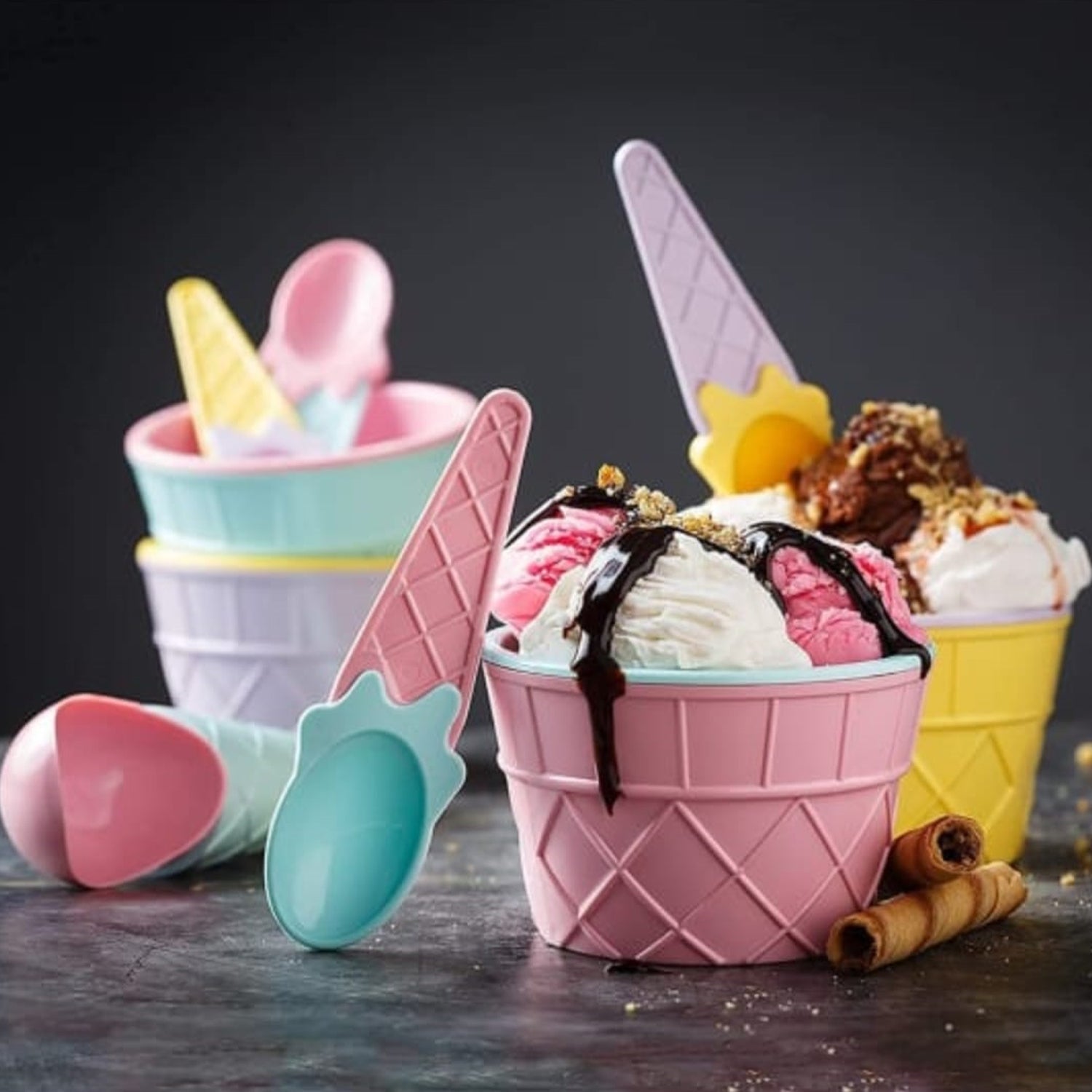 5322 Ice-Cream Waffle Spoon Bowel Cup Set | Premium ice Cream Set | Ice-Cream Bowel with Spoon | 6 units Couple Bowl Set | Color Box