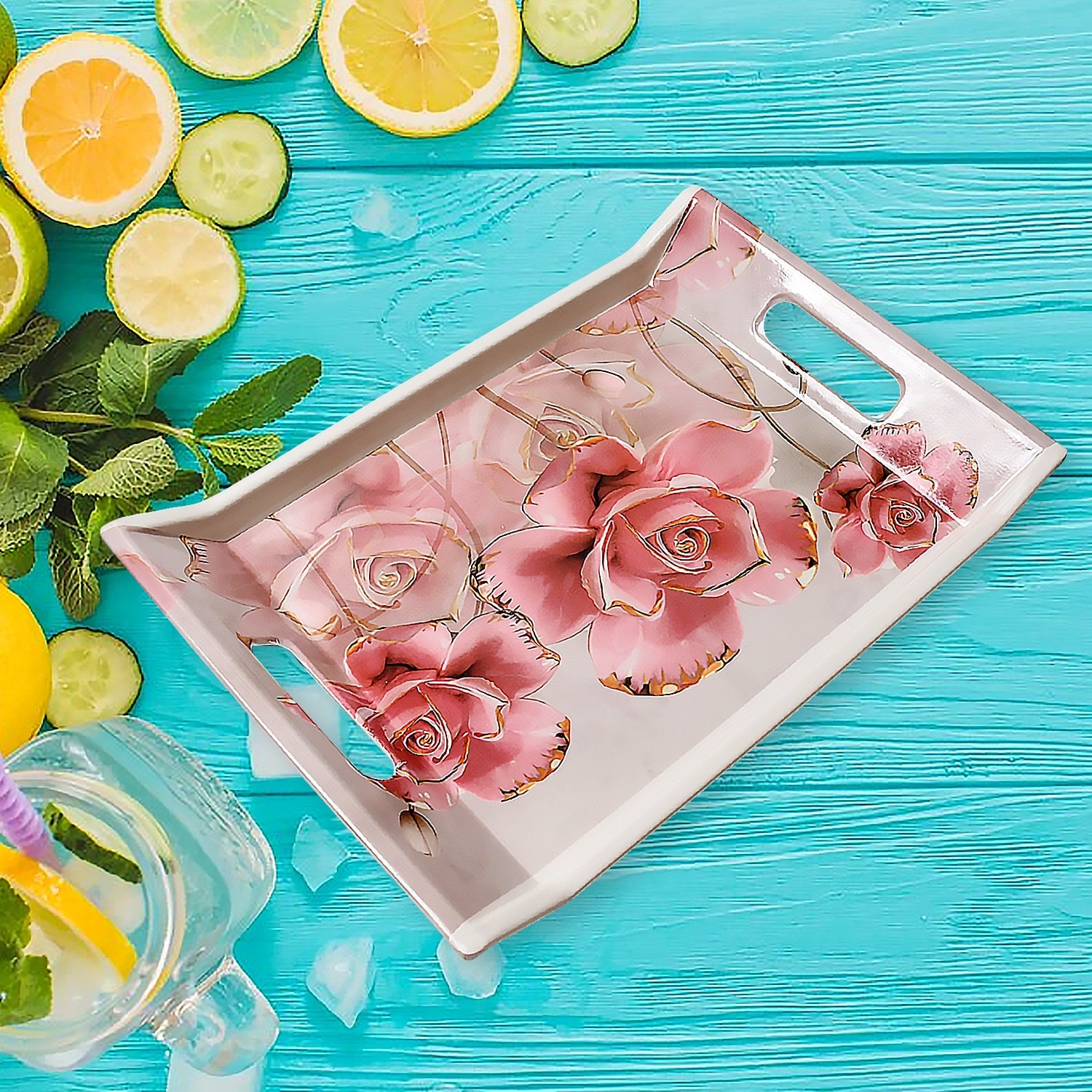 2292 Plastic Rectangular Shape Flower Printed Design Serving Tray 3 pcs Home and Kitchen Use (3 pcs set)