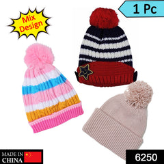 6250  Cap for Winter Woolen Knitted Black Inside Fur Caps, 