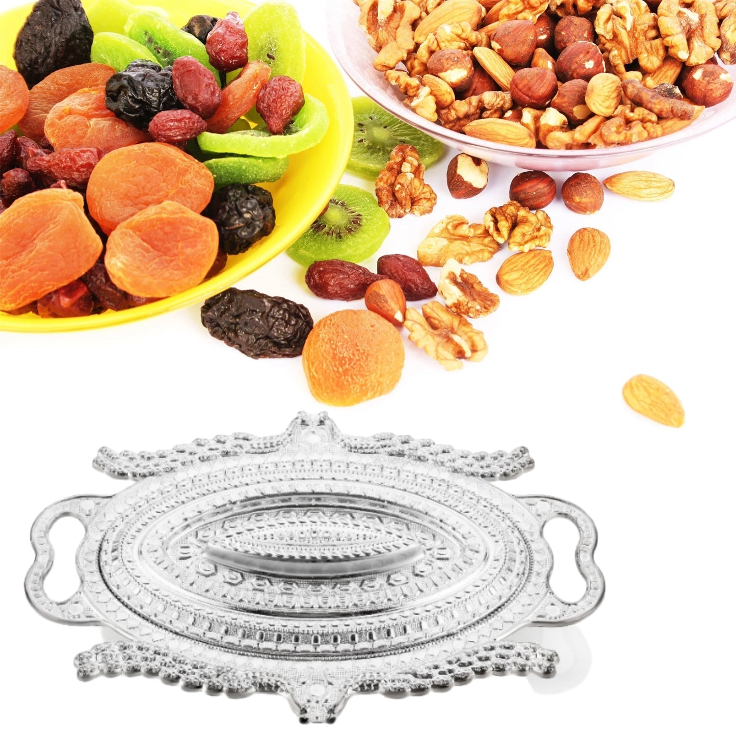 2853 Plastic Peacock Dry Fruit Silver Finish Serving Tray 