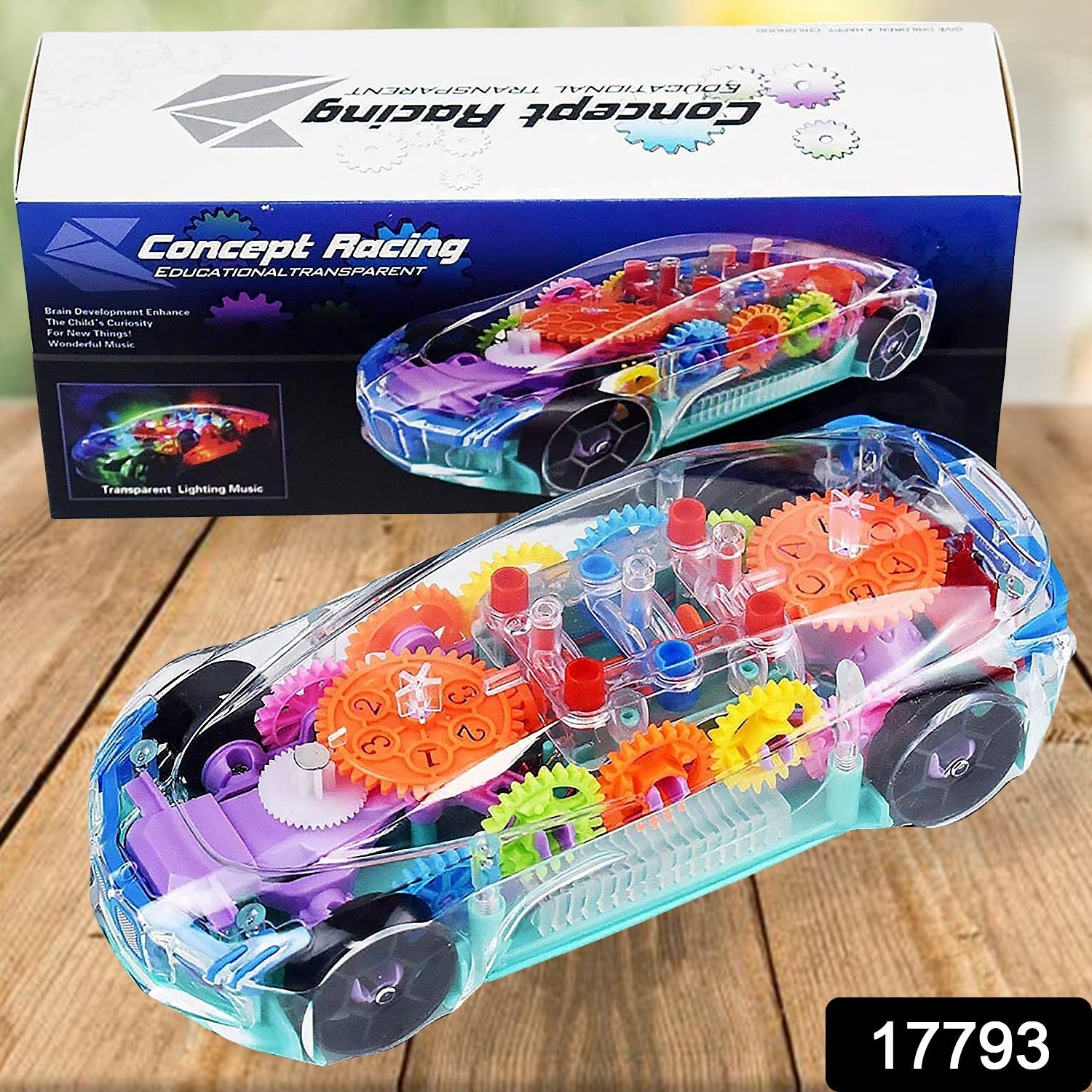 17793 Automatic 360 Degree Rotating Transparent Gear Concept Car with Musical and 3D Flashing Lights Toy for Kids Boys & Girls (Multicolor / Battery Not Included)