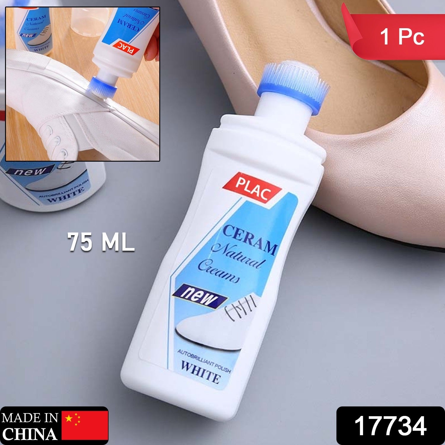 17734 White Shoe Brightener with Removal of Dirt and Whitening Function White Shoes Cleaner with Brush Head for Dirty Shoe Polish Natural Waxes (75 ML)