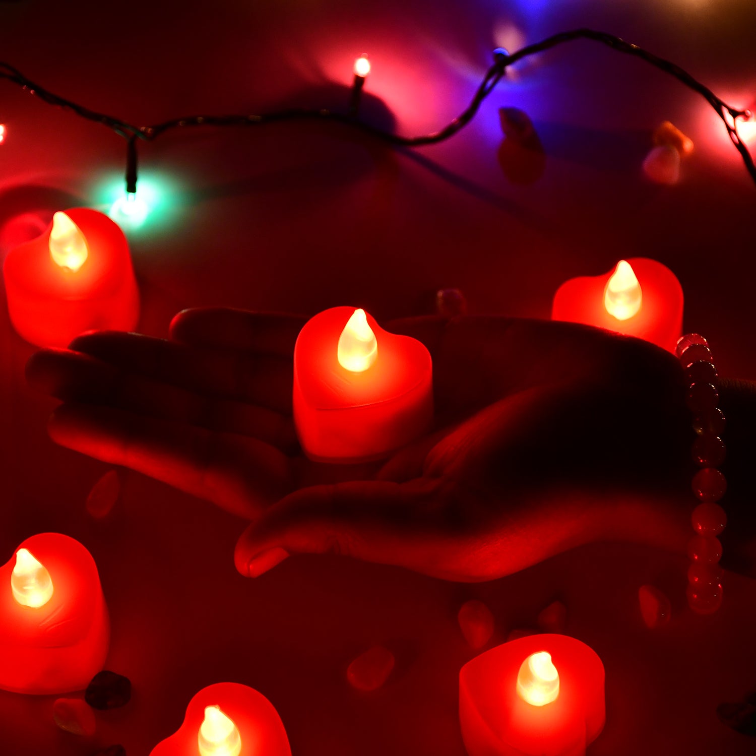 6631 Flameless Candles LED Heart Shape Tea Light Candles Multi Color Electrical Diya Candles Battery Operated Fake Candles for Gift/Home Decoration Diwali Navratri Lighting (Pack of 24) 