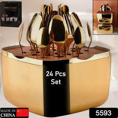5593 Unique Golden Egg Storage Modern Tableware Steak Knives Fork Flatware Set Royal Spoon Set Tableware Gold Cutlery Set Dishwasher Safe Mirror Finished With Gift Box for Halloween 24Pcs Set)