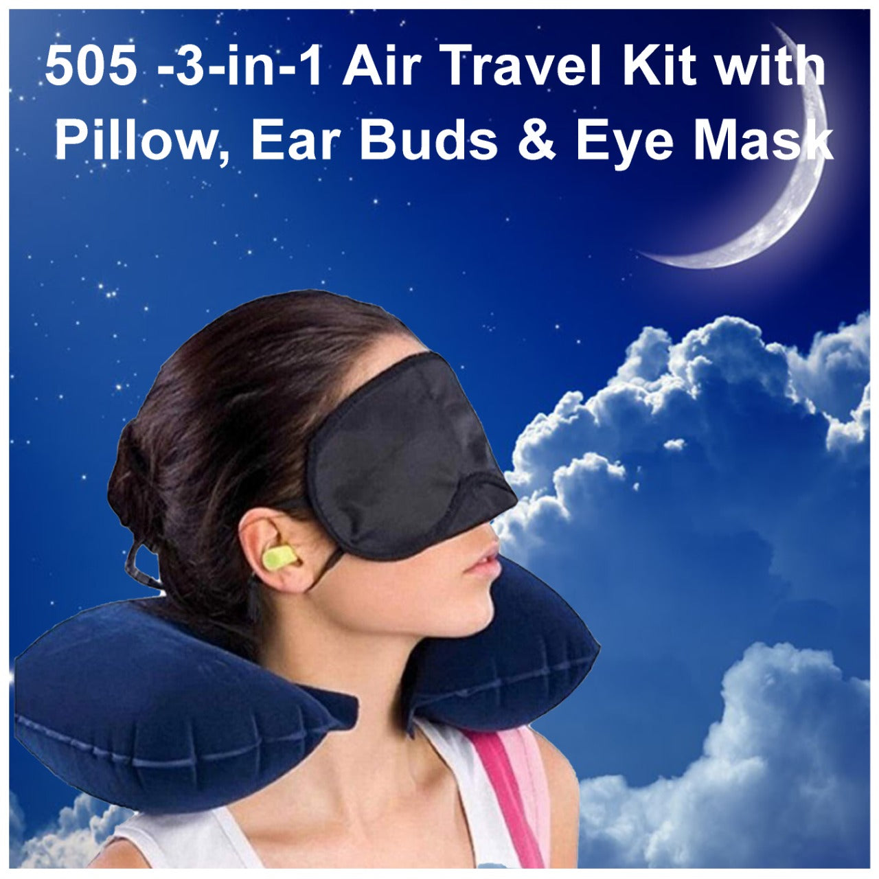 505 -3-in-1 Air Travel Kit with Pillow, Ear Buds & Eye Mask slimkaya.in WITH BZ LOGO