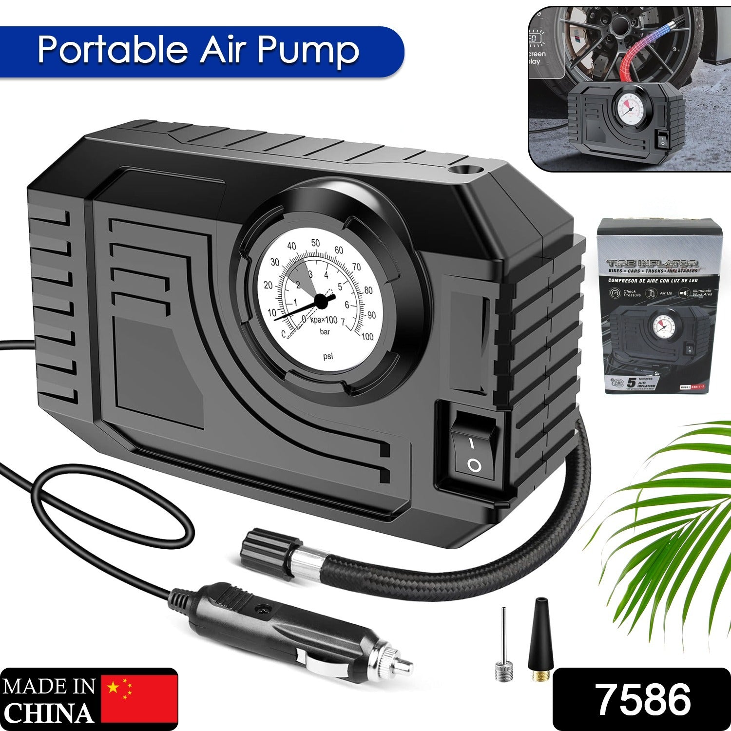 7586 Tire Inflator Portable Air Compressor 12V Small Air Pump for Car Tires Bicycle Balloons, Cars, Bike, Bicycles and Other Inflatables with LED Light (12V)