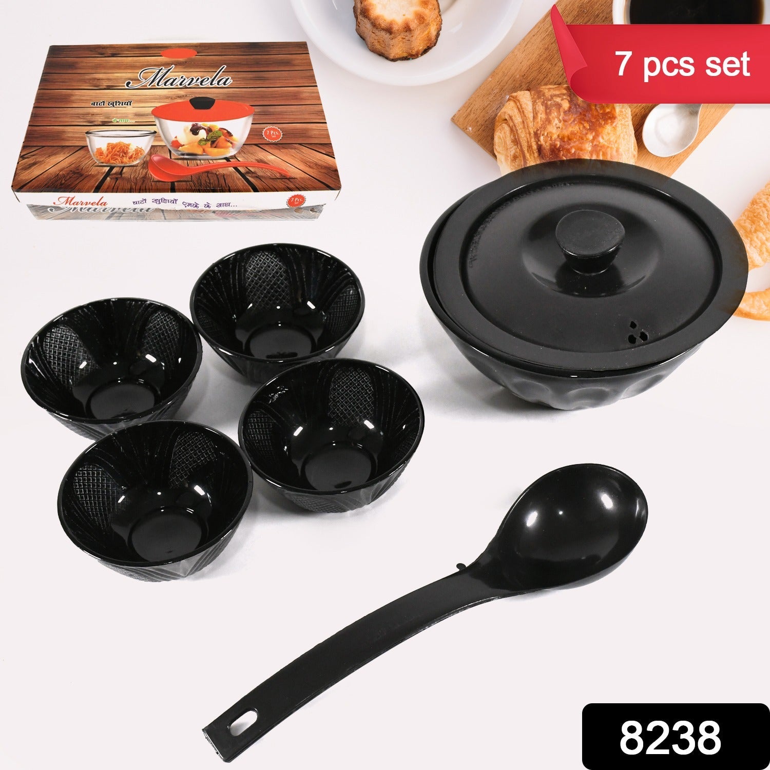 8238 Marvela High Quality Dinning Dinner / Pudding Set 4 pcs Ceramic Medium Bowls, 1 Pc Ceramic big Bowl With 1 Pc Plastic Lid and 1 Pc plastic Serving Spoon, Lightweight Microwave, and Dishwasher Safe (7 Pcs set)