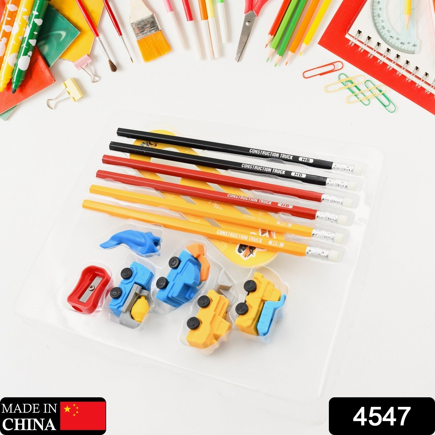 4547 Pencil and Eraser Set, Construction Truck Theme Stationery Kit Includes 6 Pencils, 4 Erasers, 1 Sharpener, 1 Ruler Bookmark, 1 Pencil Cap Stationary For Birthday Gifts for Kids, Birthday Return Gifts (13 Pc set)